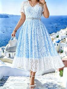 Plus Size Women's Long Dress, Elegant And Simple With Lace Details, Ideal For Holidays Or Parties, Belt Not Included - 磨砂黑 - 查看 5
