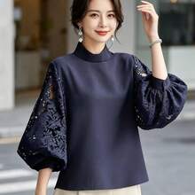 Women's Blouse, Top, T-Shirt, Summer Clothes, Three-Quarter Sleeves, Lace Trim, Relaxed Fit, Casual, Suitable For School, Commuting, Stylish, Cute, Relaxed, Lightweight, Cool, Breathable, Outing, Everyday Wear, Spring, Summer - Blue - View 5