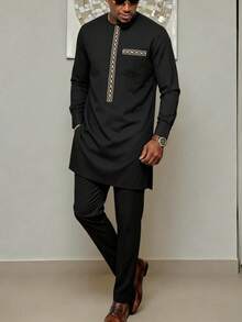 Conjunto de Kaftán para Hombre Camisa de Manga Larga Bordada Cuello Redondo y Pantalones Casuales 2 Piezas Estilo Africano Adecuado para Festivales, Regalos, Negocios - Negro - Ver 2