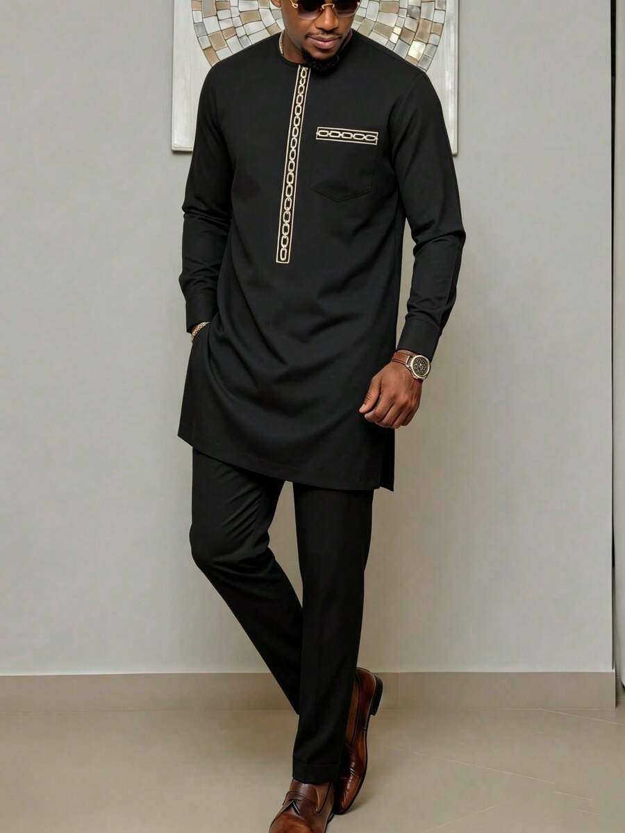Conjunto de Kaftán para Hombre Camisa de Manga Larga Bordada Cuello Redondo y Pantalones Casuales 2 Piezas Estilo Africano Adecuado para Festivales, Regalos, Negocios