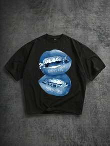 Manfinity  Stampa labbra in stile street oversize effetto invecchiato grigio,Strass,Camicia bianca a maniche corte con stampa a croce T Camicia,Adatto per l'estate,È un regalo divertente per il tuo fidanzato o per te stesso.. - nero - Visualizzare 1