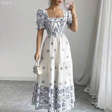 yonghongmaoyi1  Vestido casual/de trabajo de manga corta con cuello cuadrado y cintura ceñida en línea A con estampado para mujer - Rojo - Ver 2