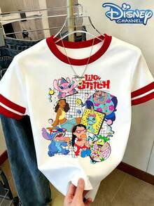 Women's Retro 90s Lilo & Stitch Group Print Summer Tops, Red Trim Color Block Short Sleeve Blouse, Casual Crew Neck Cartoon Graphic T-Shirt - 白色 - 查看 1
