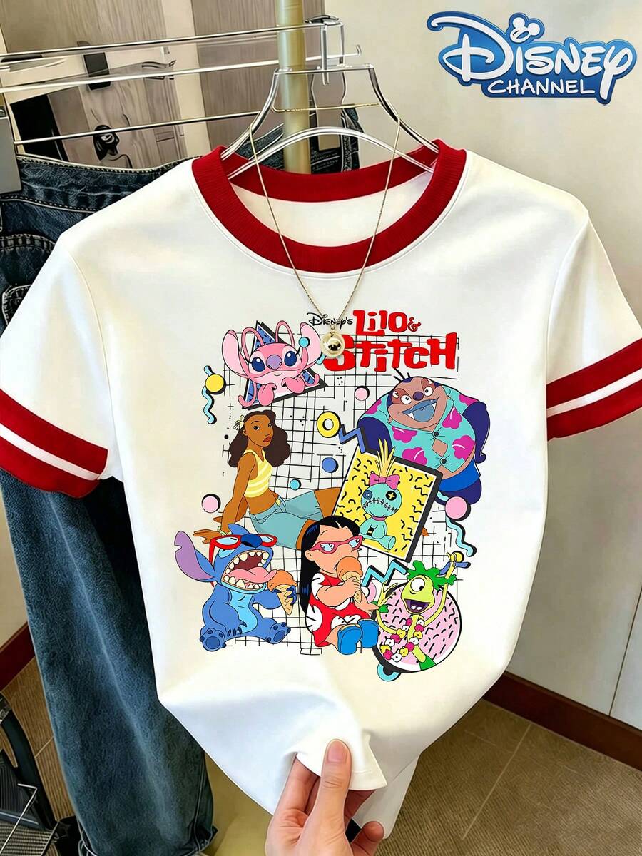 Women's Retro 90s Lilo & Stitch Group Print Summer Tops, Red Trim Color Block Short Sleeve Blouse, Casual Crew Neck Cartoon Graphic T-Shirt - 白色 - 查看 1