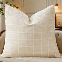 (1Pc,2Pcs Available)Decorative Chenille Check Throw Pillow Covers Vintage Plaid Couch Pillows 18x18 Inch Neutral Boho Farmhouse Cushion Covers Modern Spring Coastal Decor For Sofa Bed Living Room Blue - Beige - View 14