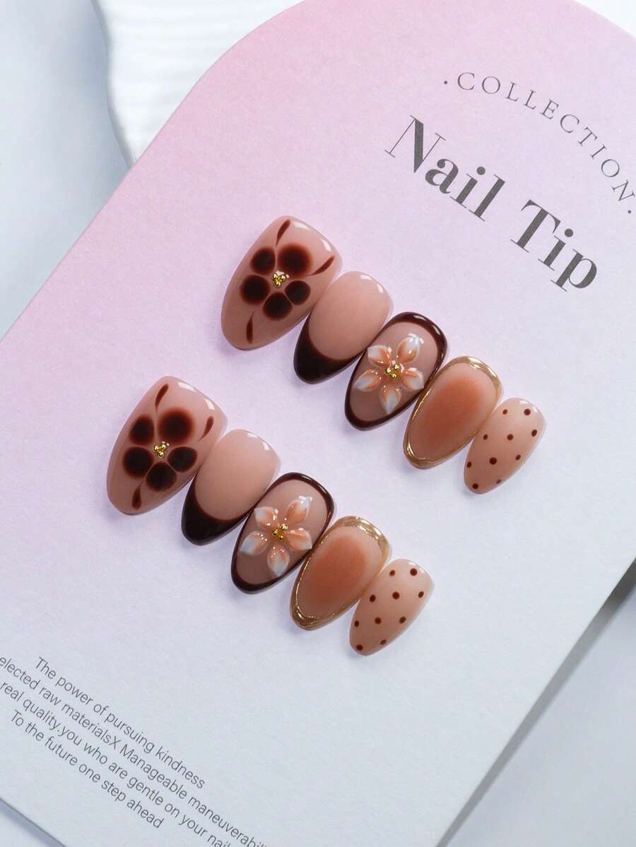 Selected 10 100% Handmade French 3D Gradient Flower Carved Nail Art Sets, Short Almond Shaped Nails, Reusable Handmade Acrylic Fake Nails, Suitable For Women And Girls To Wear At Holiday Parties, 1 Mini Nail File And 1 Self-Adhesive Label Handmade Press On Nails - Multicolor - View 1