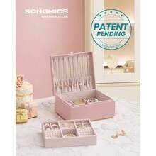 SONGMICS Caja Joyero Estuche de Joyas con 2 Capas con Asa Bandeja Flexible 20.5 x 24 x 11 cm MJBC165R01 - Rosa Jalea - Ver 3