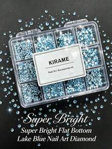 KIRAME 1800顆淺藍色平面圓形水鑽，高品質超亮美甲寶石套組，含1件點花工具，1-5mm閃亮美甲水晶，適用DIY居家美甲、美甲沙龍、美甲用品、夏季與旅行美甲、節日禮物美甲飾品 - 湖藍色 - 查看 3