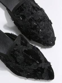 Mocassins mules plats demi-Glissant à bout pointu pour femmes, grande taille 36-43, coupe large, mode printemps/automne, faciles à enfiler, semelle souple, confortables et polyvalents, noirs avec fleur en dentelle - fleurs en dentelle noire - Voir 7