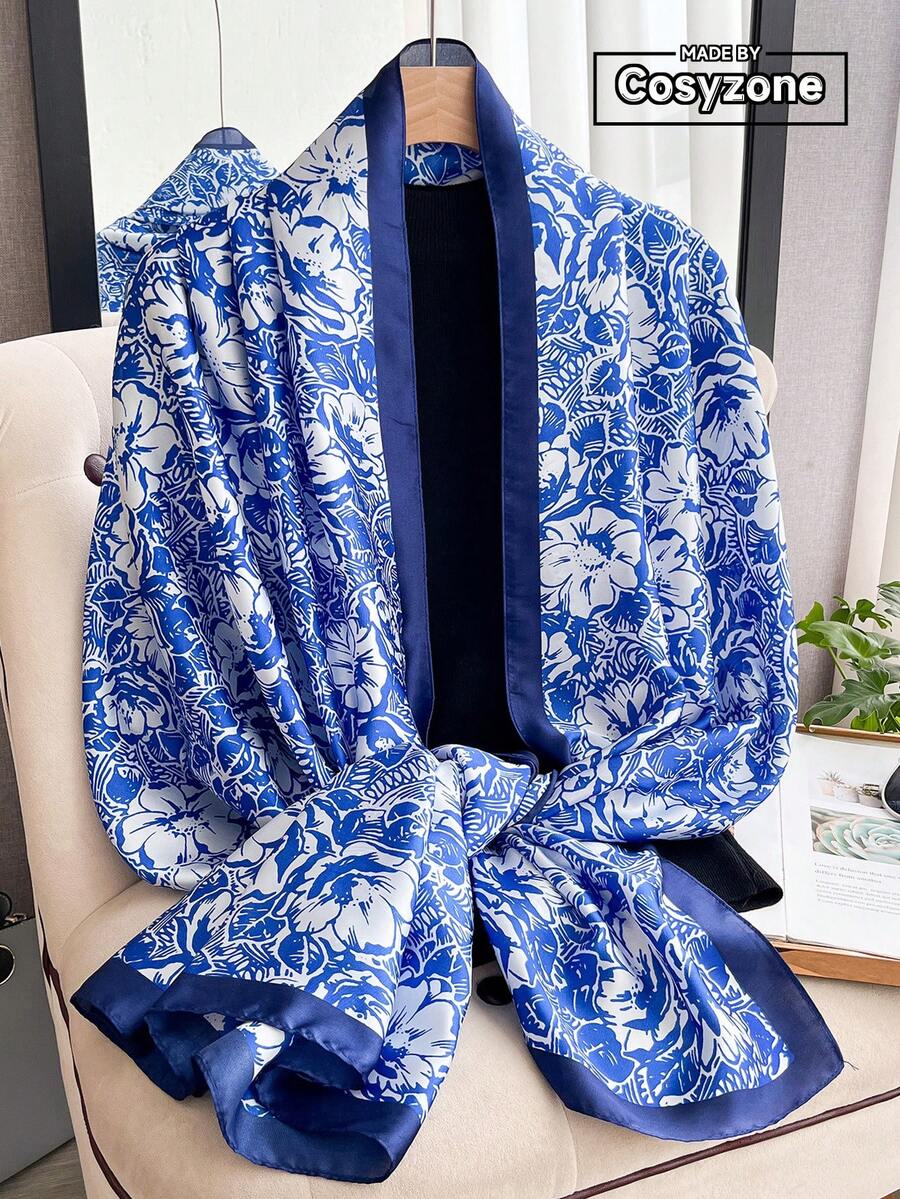1件裝仿絲優雅花卉印花女用圍巾，度假長款沙灘披肩，防曬沙灘披巾，時尚百搭圍巾披肩，適合日常穿搭裝飾 - 藍色 - 查看 1