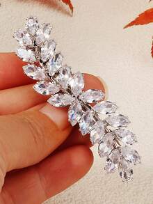 1 pieza Elegante clip para el cabello con decoración de hoja de strass, pasador francés de estilo botánico en tono plateado, accesorio para el cabello de novia para boda y fiesta de mujeres - Plateado - Ver 8