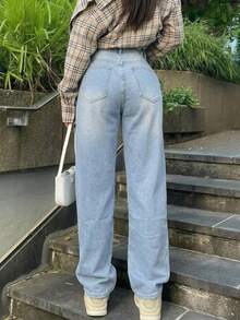 女款復古簡約彈性腰休閒寬鬆直筒牛仔長褲 - 淺色水洗藍 - View 5
