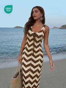 Women's Wavy Pattern Sexy V-Neck Tie-Up Hollow-Out Beach Resort Knit Brown Cover Up Dress,Elegant DressSummer Vacation - Multicolor - View 2