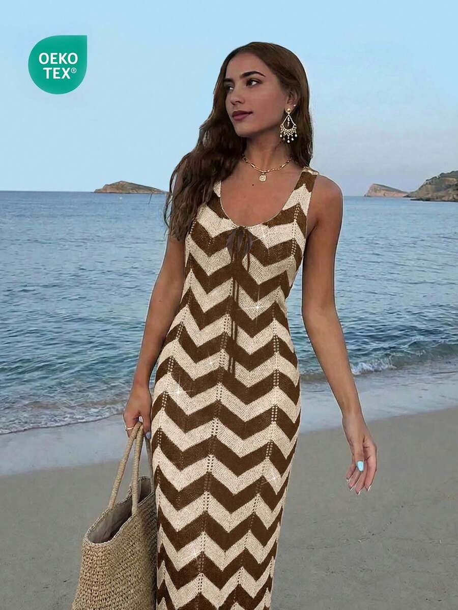 Women's Wavy Pattern Sexy V-Neck Tie-Up Hollow-Out Beach Resort Knit Brown Cover Up Dress,Elegant DressSummer Vacation