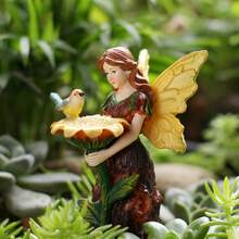 樹皮花仙子與鳥鄉村森林女神樹脂工藝裝飾品 家居庭院裝飾 樹皮天使向日葵餵食裝置 花園雕塑 室外庭院裝飾飾品 - 餵鳥器 - 查看 5
