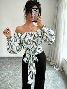 Elegant Women's Off-Shoulder Blouse With Polka Dots And Front Bow - Puff Sleeves, Round Neck, White, Machine Washable, Ideal For Casual Or Semi-Formal Wear In All Seasons - 青綠色 - 查看 4