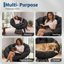 360° Drehbarer Papasan Sessel mit Fußhocker, Polyrattan Lounge-Sessel inkl. 6cm dickem Kissen, Wetterfester Gartenstuhl für Balkon & Indoor - Grau - Übersicht 4