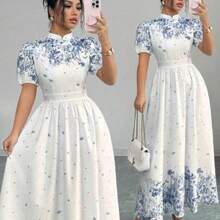 dahkjdgajy  Vestido de verano de mujer con estampado floral elegante, cintura ceñida y mangas abullonadas - Azul - Ver 1