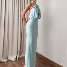 dahkjdgajy  Vestido elegante y digno de invitada de boda con elástico, vestido largo fruncido de cuello halter con tela brillante - Azul - Ver 10