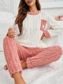 Bộ đồ ngủ nữ thu đông dễ thương gồm áo tay dài thêu hình trái tim có túi và quần dài jacquard dáng rộng thoải mái - Đỏ - Xem 3