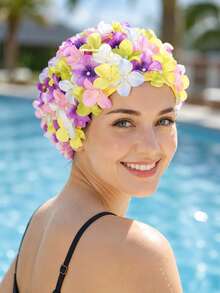 1PC Double-Layered Floral Swimming Cap,Lightweight And Stretchable,Ideal For Short & Medium Hair,Pool, Beach,Vacation, Water Sports,Hair Protection From Chlorine & Sun,Fashionable Swimwear Accessory,Poolside & Beach Essentials - Multicolor - View 1