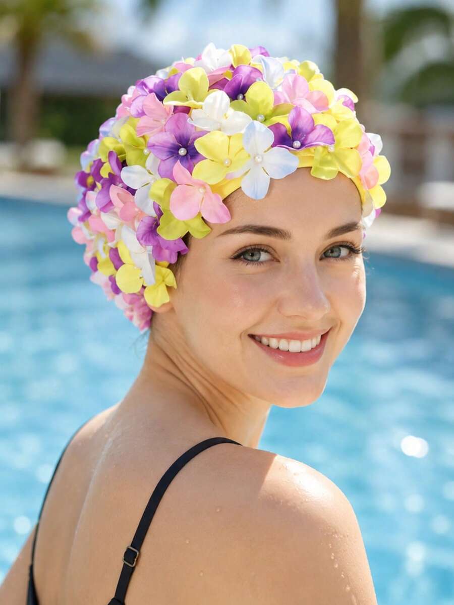 1PC Double-Layered Floral Swimming Cap,Lightweight And Stretchable,Ideal For Short & Medium Hair,Pool, Beach,Vacation, Water Sports,Hair Protection From Chlorine & Sun,Fashionable Swimwear Accessory,Poolside & Beach Essentials - Multicolor - View 1