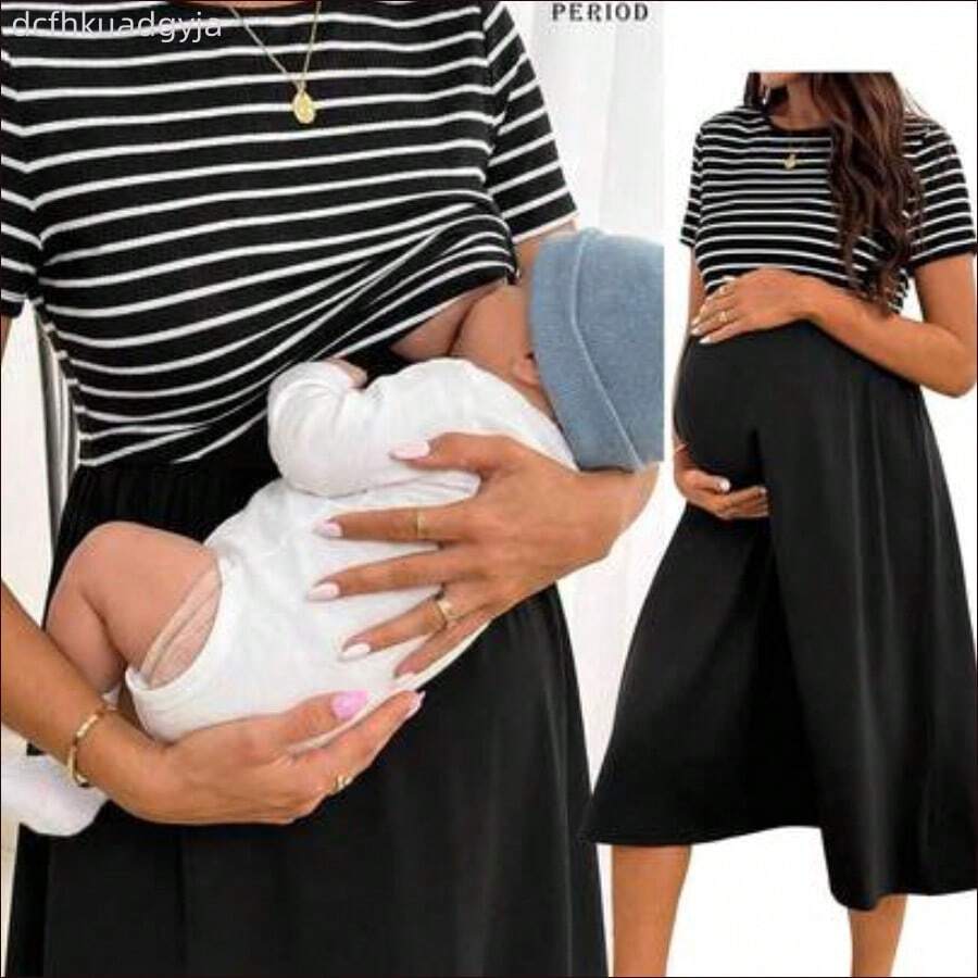 WNST
Vestido de enfermería casual de verano con rayas y parches para maternidad - Negro01 - Ver 1