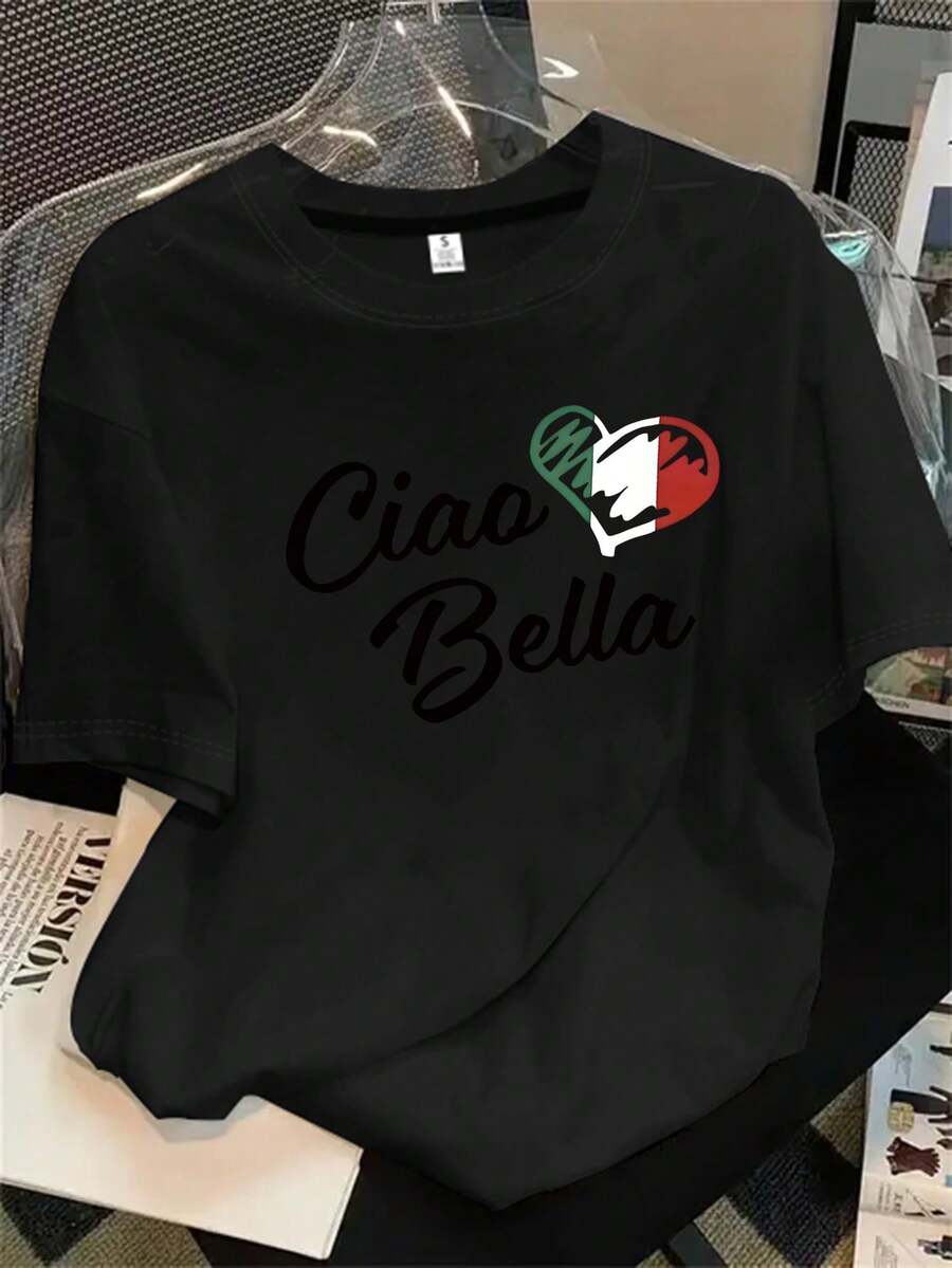 Camiseta de manga corta con cuello redondo y estampado del logo de Cia Bella para mujer, apta para todas las estaciones. - Negro - Ver 1