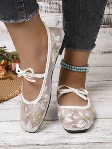 Spring Summer Breathable Mesh Embroidered Shoes, Bow Square Toe Flat Shoes For Women, Plus Size Versatile Party Daily Shoes - Beige - View 3