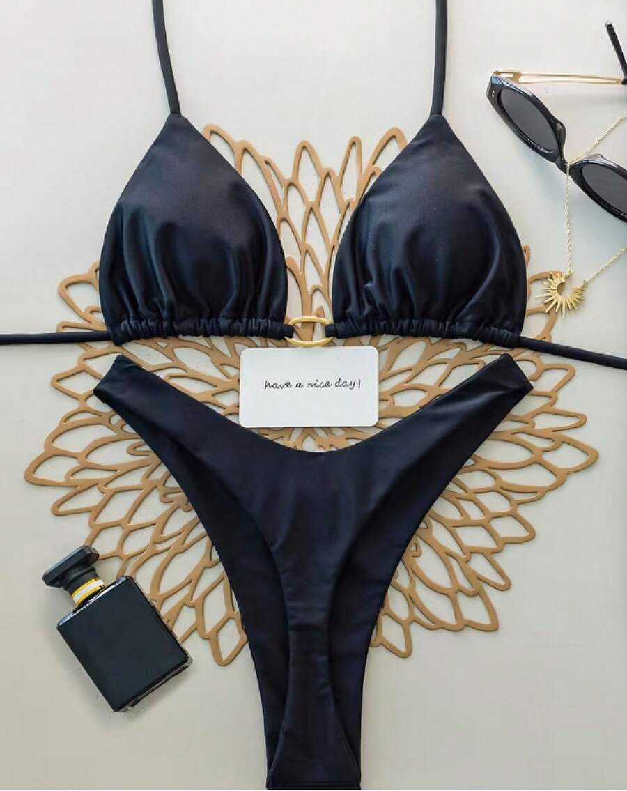2026 New High-End Solid Color Halter Neck Triangle Cup Bikini Sexy Push-Up Two-Piece Beach Swimsuit Exclusive Supply - 黑色 - 查看 1