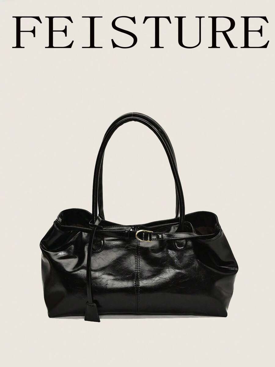 1pc PU Material Solid Color Handbag With Strap Decor, Fashion Shoulder Bag With Magnetic Closure, Suitable For Daily Outing, Dating, Commuting