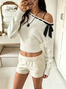 Coquette Women's Cold Shoulder Asymmetrical Neckline Fitted Short Knit Top, Polka Dot Bow Decor Long Sleeve Sweater, Sweet Casual Autumn Daily Wear Pullover - White - View 2