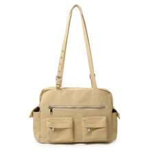 Large Capacity Multi-Pocket Tote Shoulder Bag | Cream Nylon Bag With Silver Zipper Details | Work/School/Travel | Durable Bag,Y2k - Multicolor - View 12
