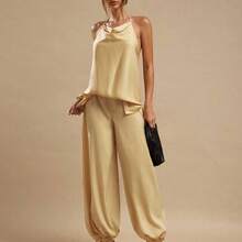 Pantalones de satén elegantes tipo farol para mujer, color amarillo jengibre, corte slim, apropiados para salir, brunch, verano, bodas, luna de miel, vacaciones en la playa - Granada - Ver 3