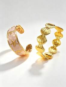 VceTd 1/2PCS Ocean Vacation Style Stainless Steel Women's Bracelet With Starfish/Shell Design, Suitable For Women's Daily Wear, Holiday Outings, Music Festivals, Holiday Parties, Ocean Vacations, Or As A Gift For Lovers Or Women - Yellow Gold - View 5