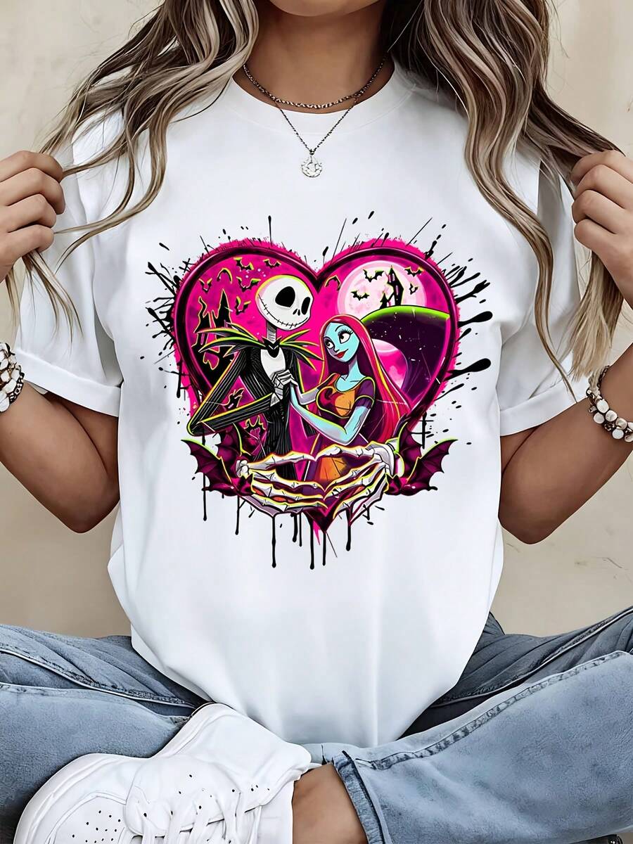 Disney Crew Neck T Shirt Black Jack Skellington And Sally Heart Design For Casual Wear - 白色 - 查看 1