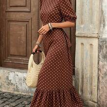 Vestido midi con espalda abierta, lazo en la cintura y mangas abultadas con estampado de cuadros retro francés para mujer - Perfecto para vacaciones y oficina - Blanco y Negro - Ver 8
