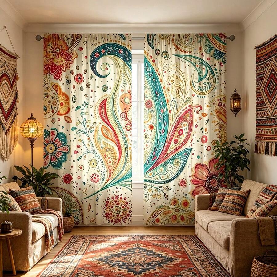 2 chiếc rèm cửa chủ đề hoa văn Bohemian với thiết kế họa tiết Paisley, túi treo thanh, bảo vệ quyền riêng tư, rèm trang trí phòng, rèm phòng khách, rèm trang trí đa năng, có thể giặt bằng máy, phù hợp cho tất cả các mùa, không bao gồm dây buộc - Nhiều màu - Xem 1