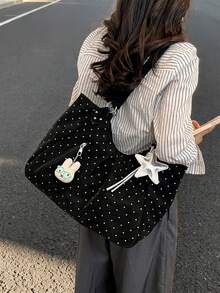 1pc Black And White Polka Dot Large Capacity Shoulder Bag, Top Zipper, Side Zipper, Star Pendant Tote Bag - Multicolor - View 6
