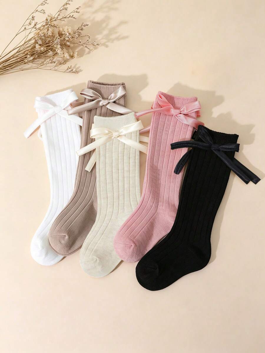 5 Pairs Girls' Long Bow Solid Color Ribbed Mid-Calf Socks, Sweet Cute Lady Princess Style Calf Socks, Student Socks, Suitable For Girls' Daily Wear
