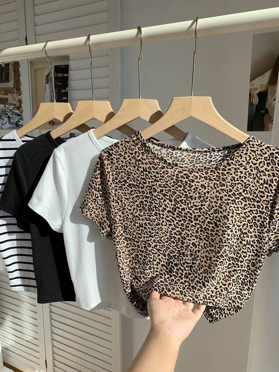 Paquete de 4 camisetas de mujer con diseño liso y estampado de rayas de leopardo, para verano y otoño - Multicolor 2 - Ver 1