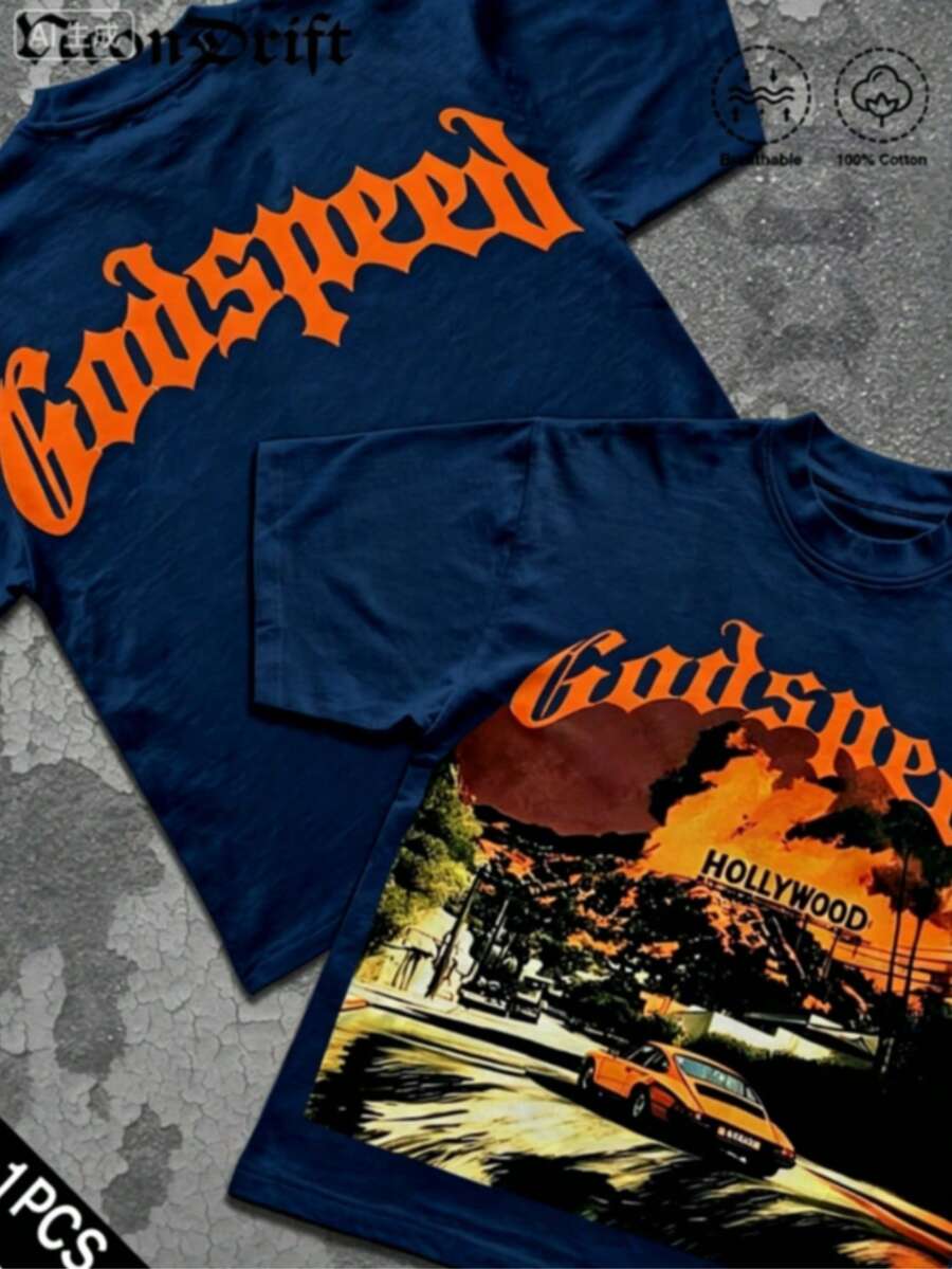 Break The SystemMen's Washed Vintage Crewneck T-Shirt, 100% Cotton 180GSM, Godspeed Highway Car Print, Retro Faded Style, American Streetwear, - 藏青色3 - 查看 1