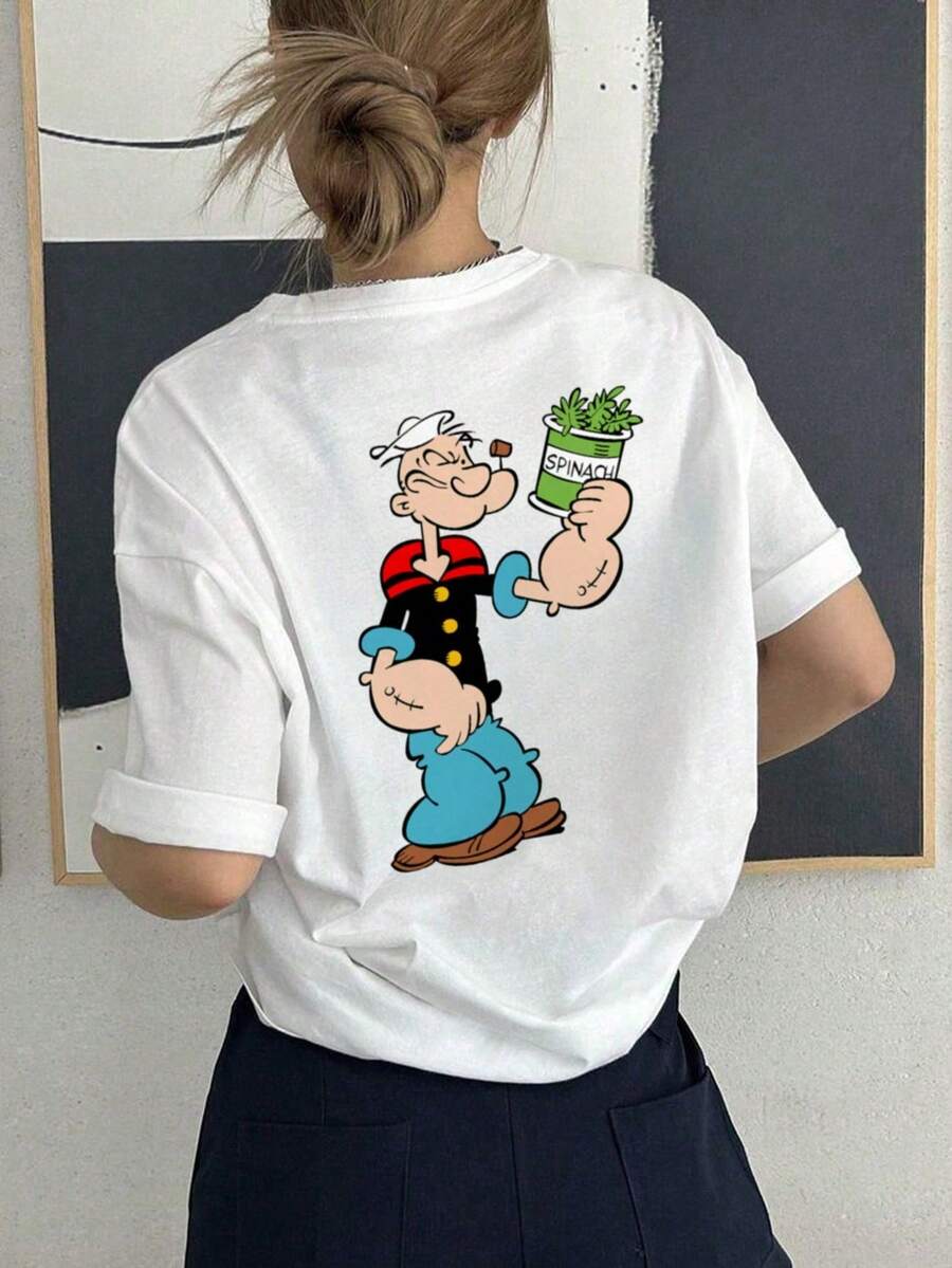 2026tops Dam T-shirt med tecknat bokstävertryck, rund hals, kort ärm, modern och mångsidig för vardagsbruk, vår-/sommartoppar - Vitt - Visa 1
