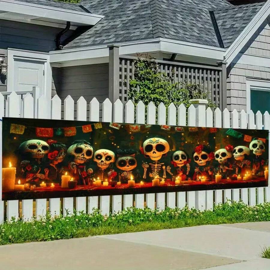 1 Piece Of 2D Flat Design, With A Halloween Theme, Featuring A Row Of Skulls And Candle Patterns - Patterned Polyester Decorative Fence Banner Decoration, Outdoor Lawn And Wall Decoration, Party Supplies For Outdoor And Indoor Holiday Celebrations (1).PNG