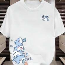 Camiseta moderna de manga corta con diseño creativo de tiburón  Cómoda y transpirable, pura, perfecta para el uso diario1 - Blanco - Ver 1