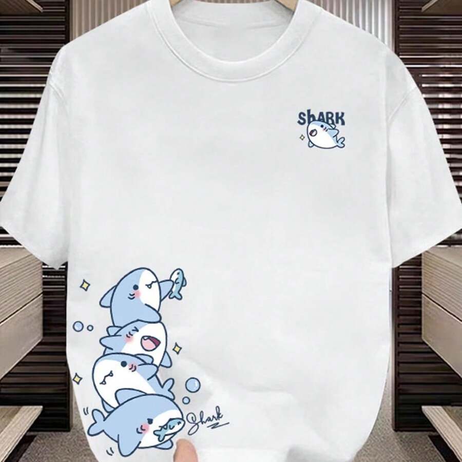 Camiseta moderna de manga corta con diseño creativo de tiburón Cómoda y transpirable, pura, perfecta para el uso diario1 - Blanco - Ver 1