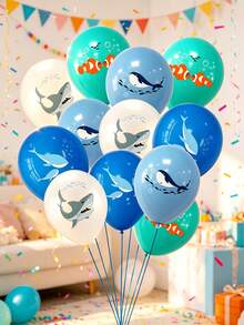 1套海洋動物主題生日氣球組，包含藍色與綠色乳膠氣球，印有鯊魚、鯨魚與小丑魚圖案，適用於兒童海洋主題生日派對裝飾、室內趣味生日派對布置、水下世界風格主題派對裝飾，輕鬆營造深海夢幻童年派對氛圍，為孩子的生日增添活潑可愛的海洋氣息 - 查看 1
