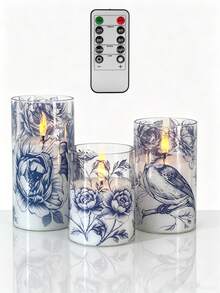 Blue And White Porcelain Floral Bird Print Electronic Candle Set, 3pcs, Remote Control Timer Solar Powered Waterproof LED Faux Candles, French Vintage Blue And White Pattern Glass Cup Candles, Romantic Atmosphere Decor, Christmas / Wedding / Birthday / Valentine's Day / Party Home Decor, Suitable For Living Room, Bedroom, Bathroom, Outdoor - Blue and White Porcelain - View 8