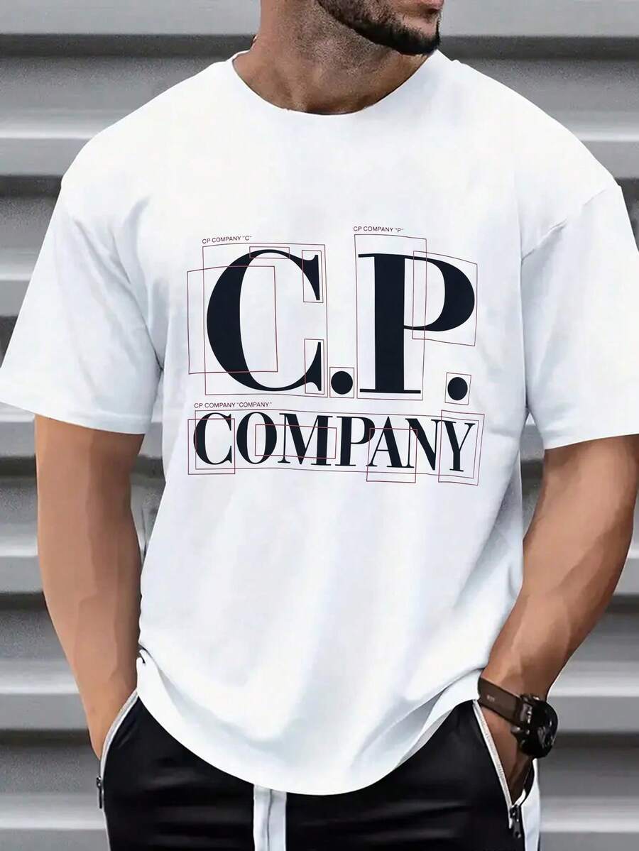Men's Summer Casual Tee With Geometric Letter Print, Sleek And Design-Forward, Versatile For Various Styles. - White - View 1