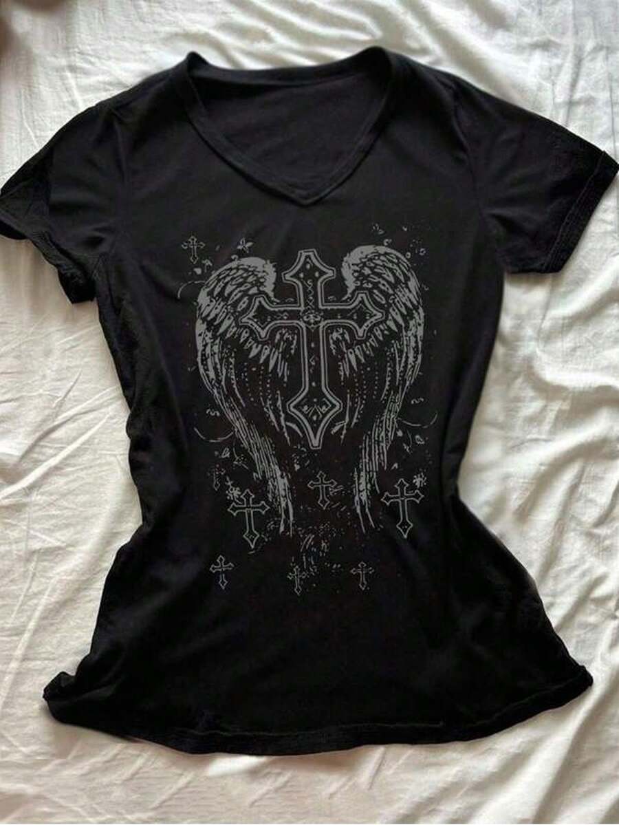 2026 Plus Size Women's Loose Fit Cotton T-Shirt, Angel And Cross T-Shirt, Casual Black V-Neck T-Shirt For Women With Angel And Cross Design - Short Sleeve, Loose Fit, Perfect For Summer, Everyday Wear T-Shirt, Ca - 黑色 - 查看 1